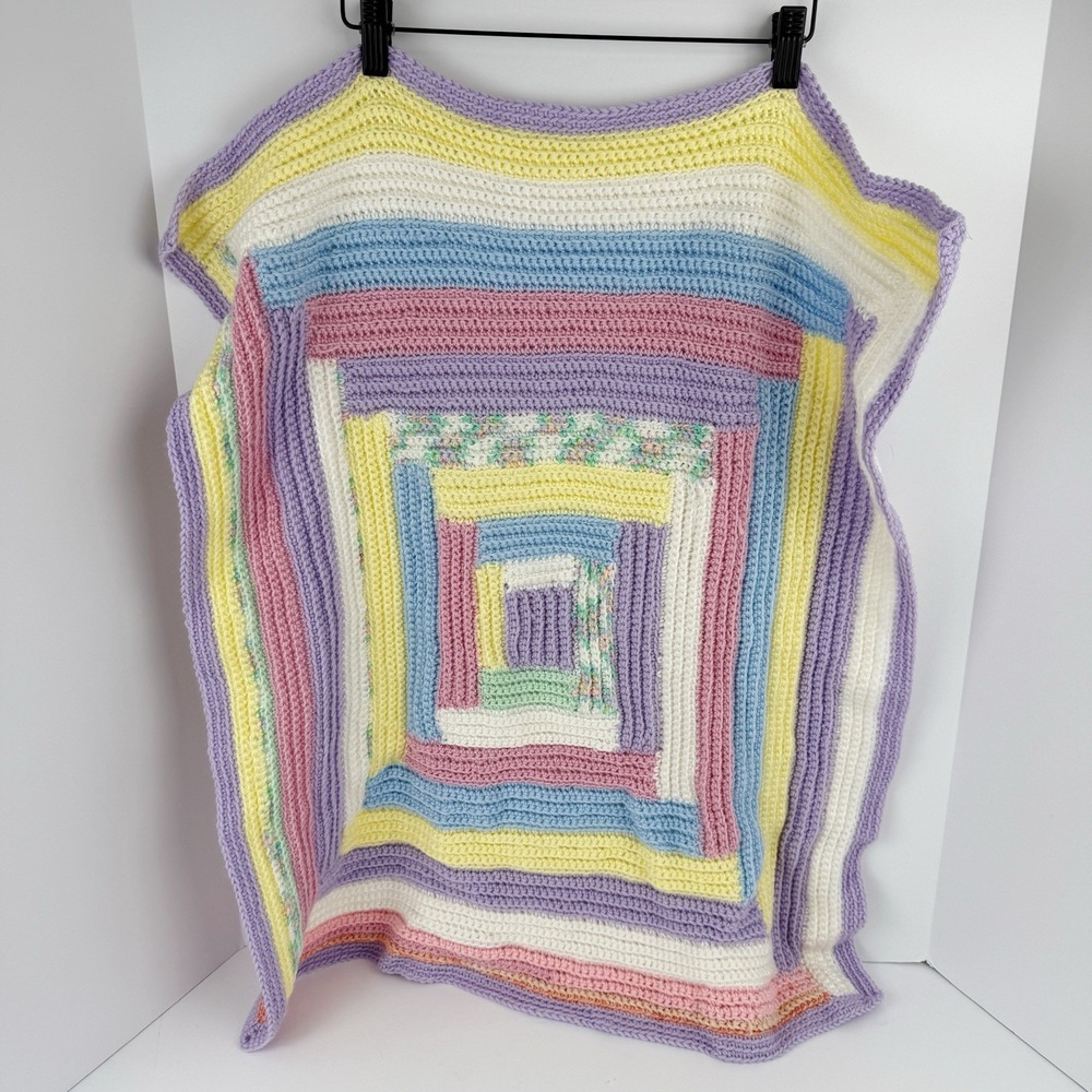 Handmade Crocheted Baby Blanket Pastel Patchwork Knit Throw Nursery - Picture 2 of 6